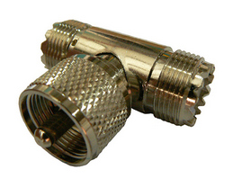 UHF female SO-239 to UHF female SO-239 to UHF male PL-259 ‘T’ style intra-series adaptor, 50 Ohms – nickel plated